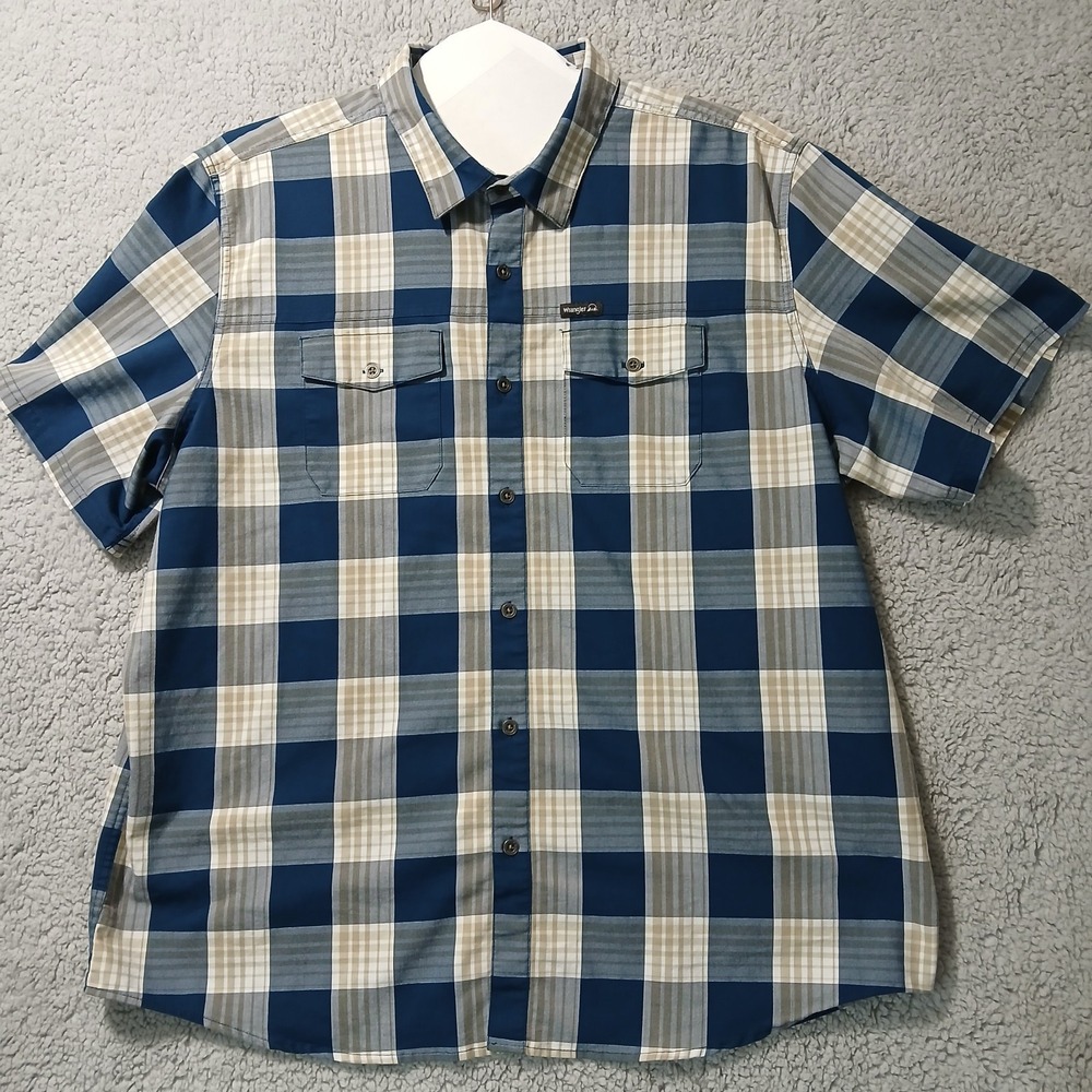 Wrangler Western Shirt Mens Size 2XL Blue Plaid Metal Buttons‎ Short Sleeve